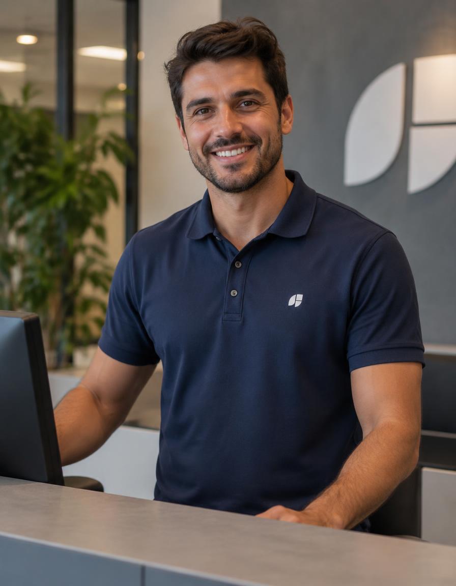 Profissional vestindo camisa polo verde em ambiente comercial