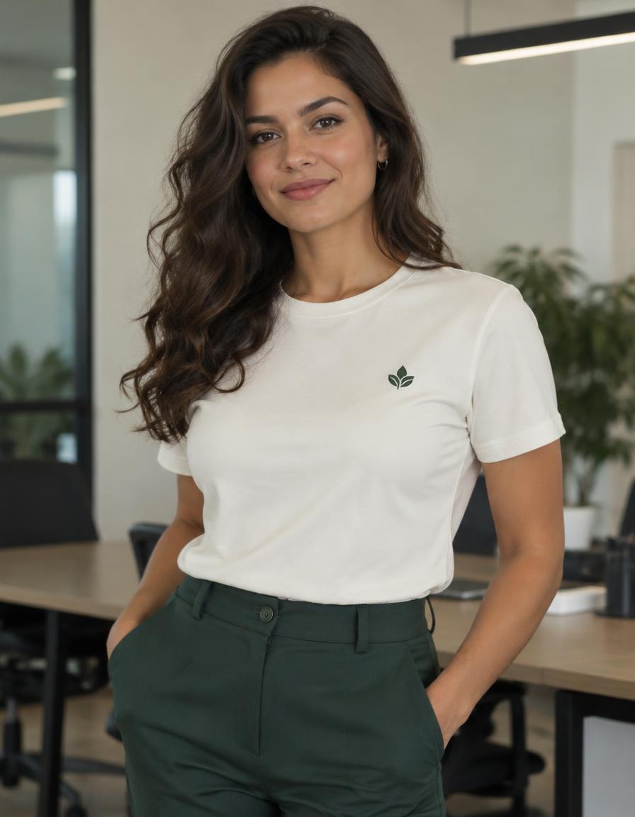 Profissional vestindo camiseta premium marfim em escritório contemporâneo