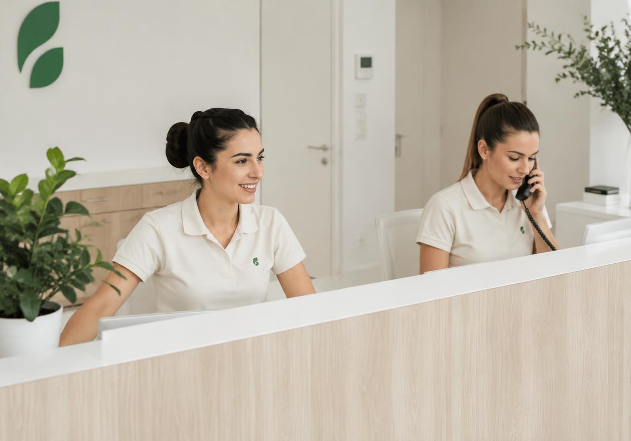 Recepção de clínica com equipe uniformizada