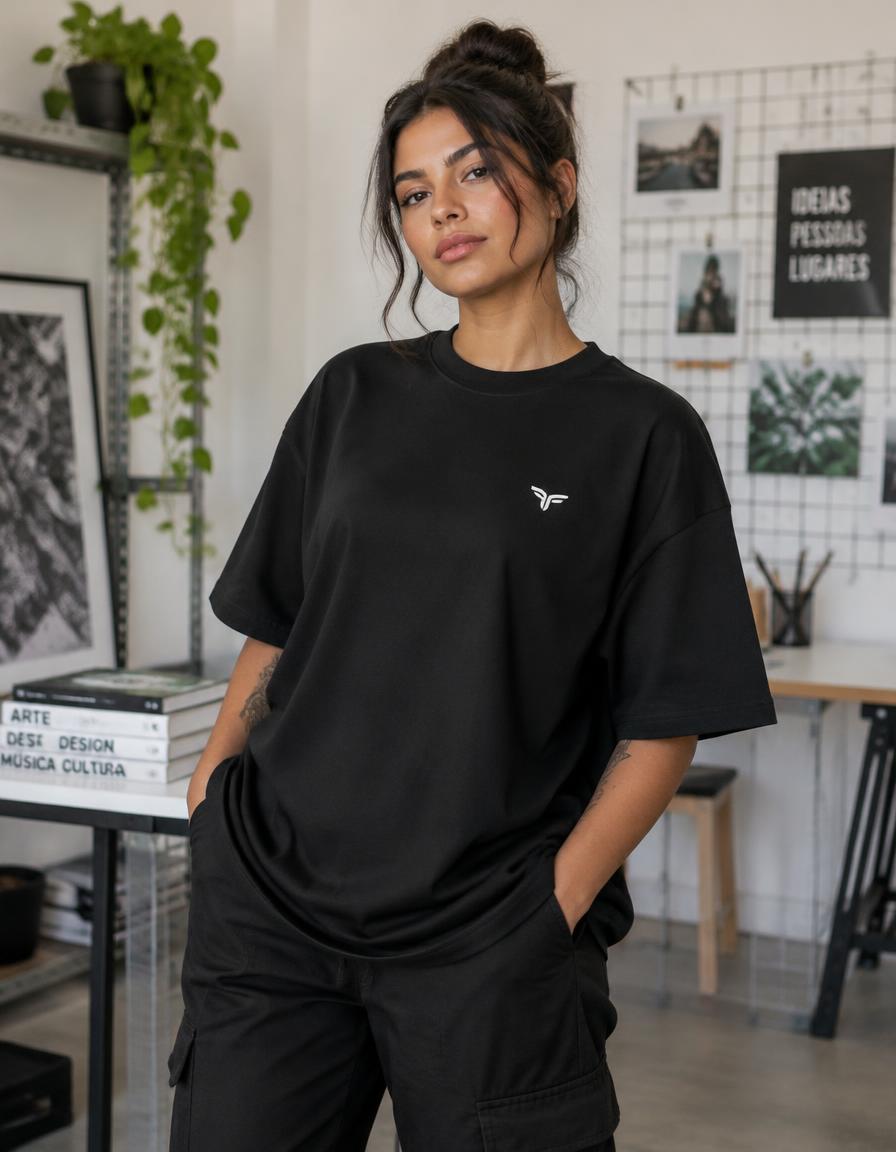 Modelo vestindo camiseta oversized escura em cenário urbano